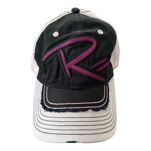 Rascal Flatts Women’s Distressed Trucker Hat – Black & Pink Embroidered RF Logo